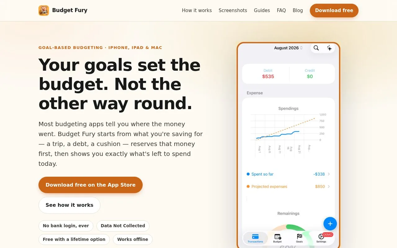 Screenshot of the Budget Fury homepage