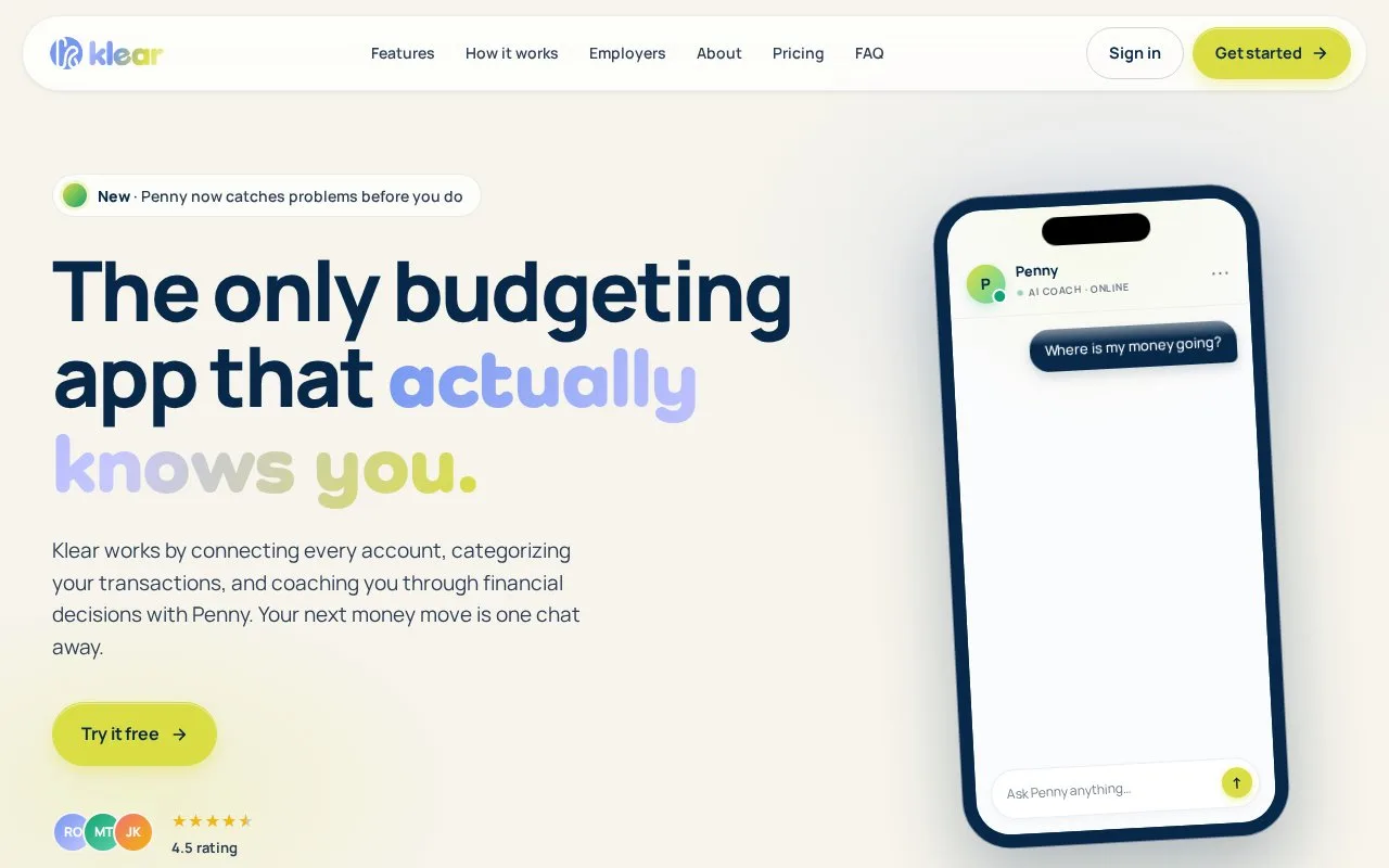 Screenshot of the Klear homepage