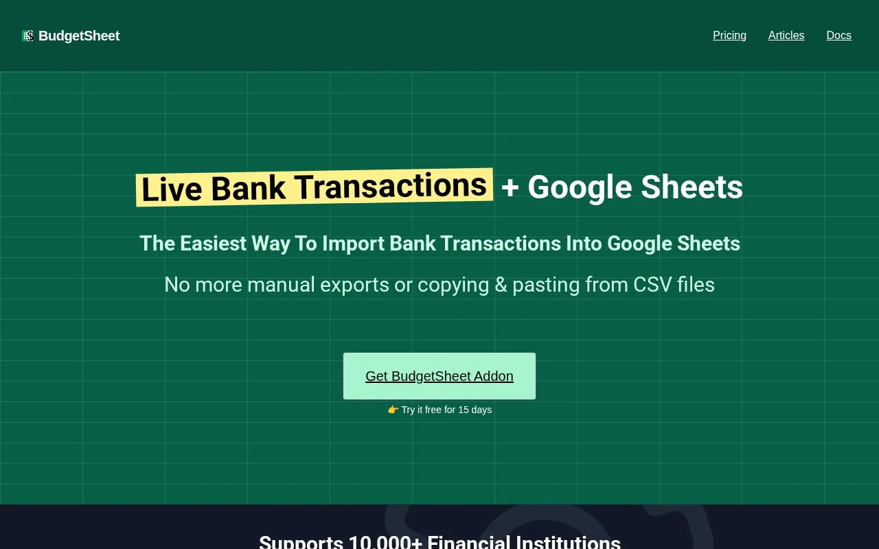 Screenshot of the BudgetSheet homepage