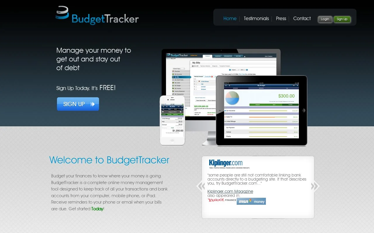 Screenshot of the BudgetTracker homepage