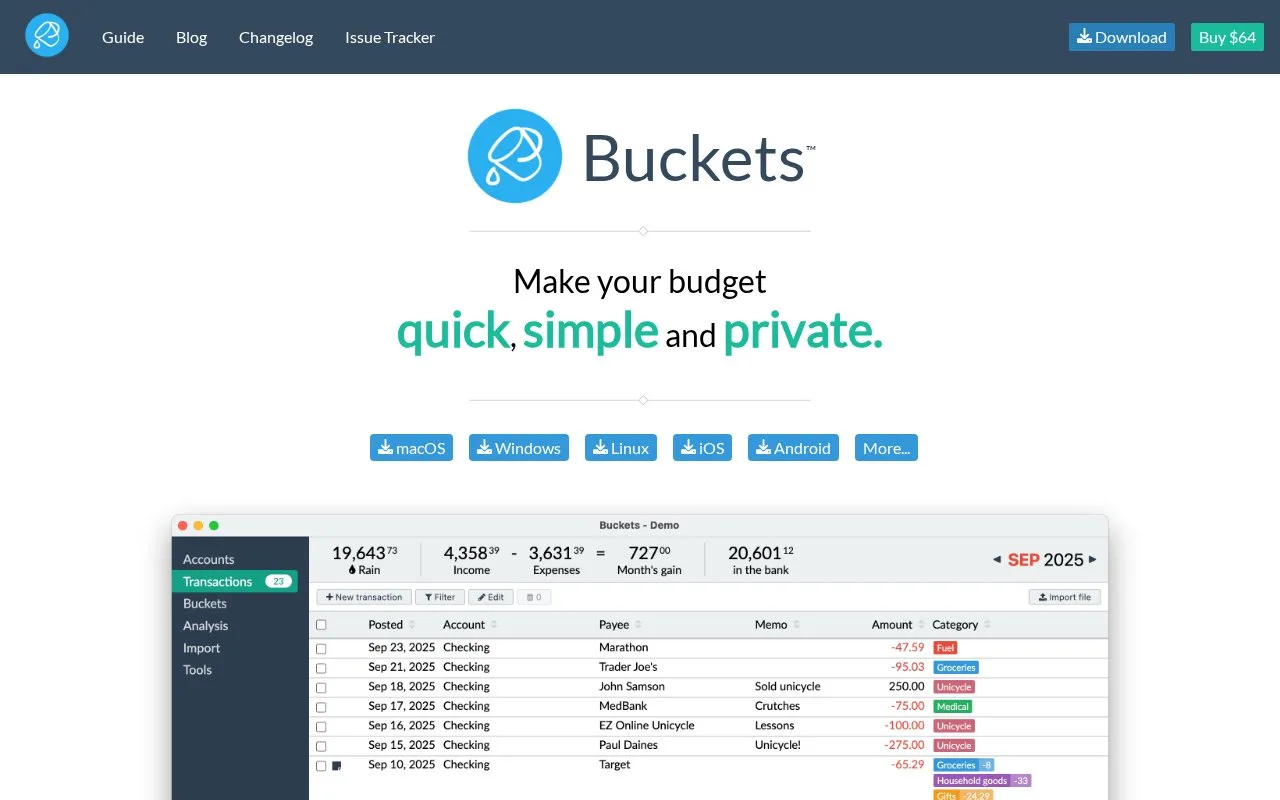 Screenshot of the Buckets homepage