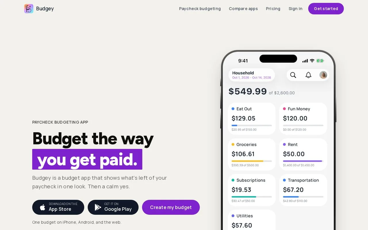 Screenshot of the Budgey homepage