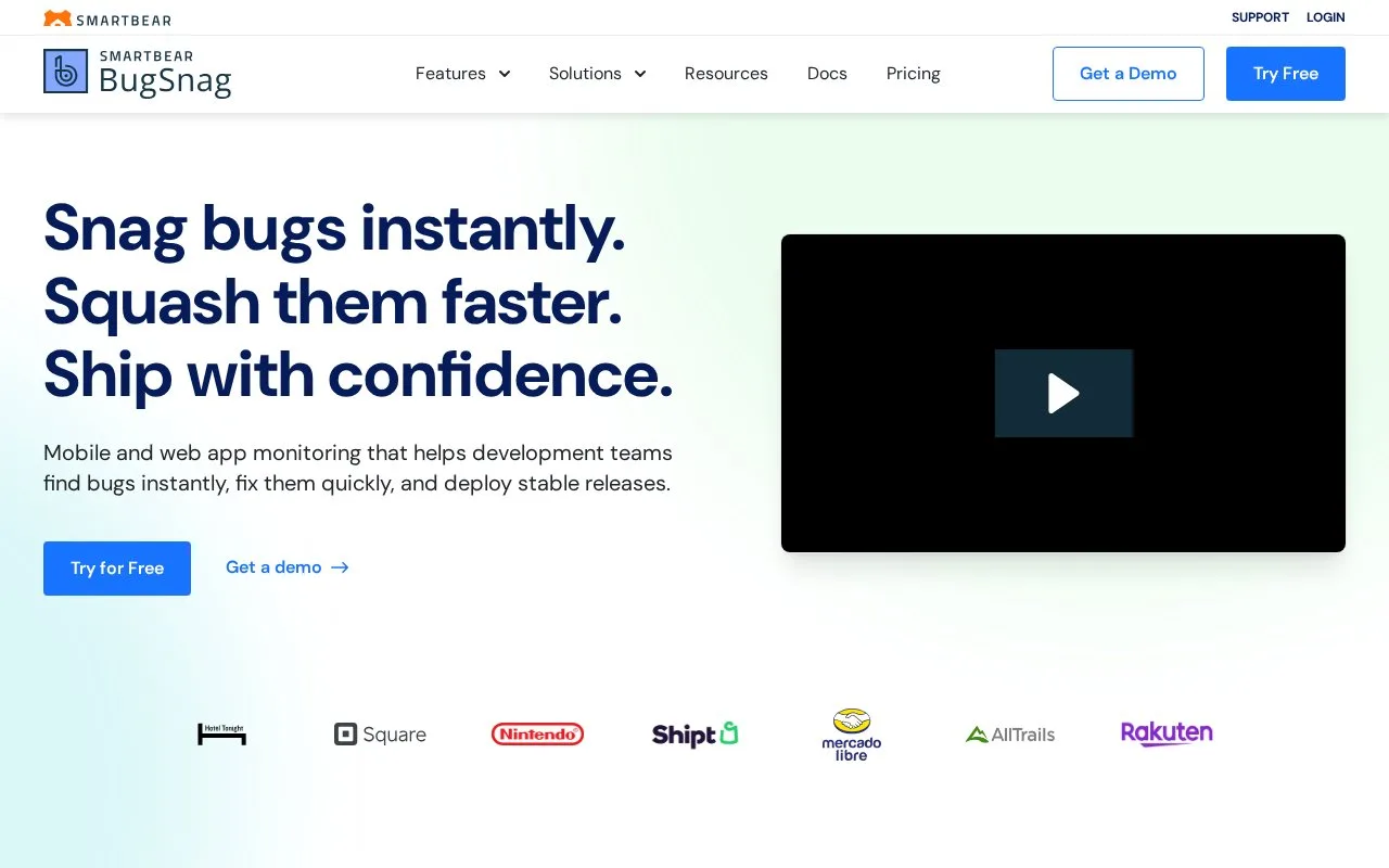 Screenshot of the BugSnag homepage