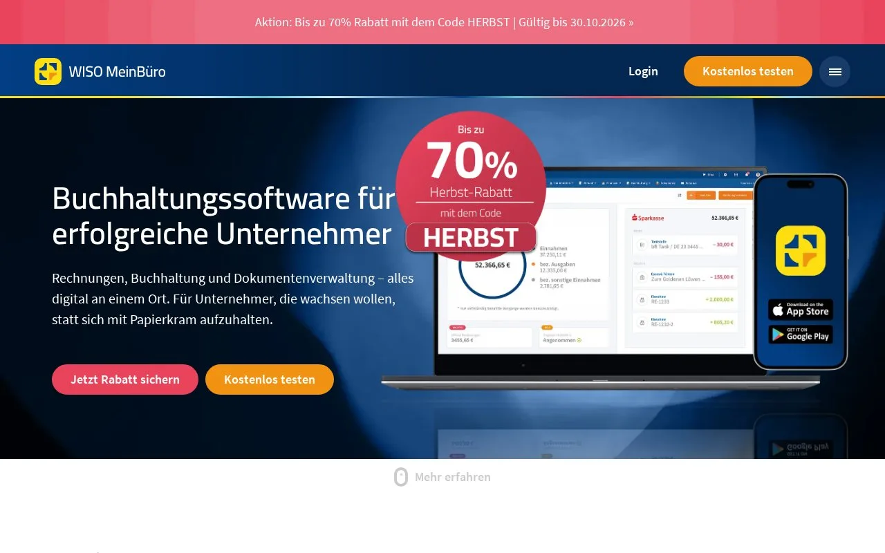 Screenshot of the WISO MeinBüro homepage