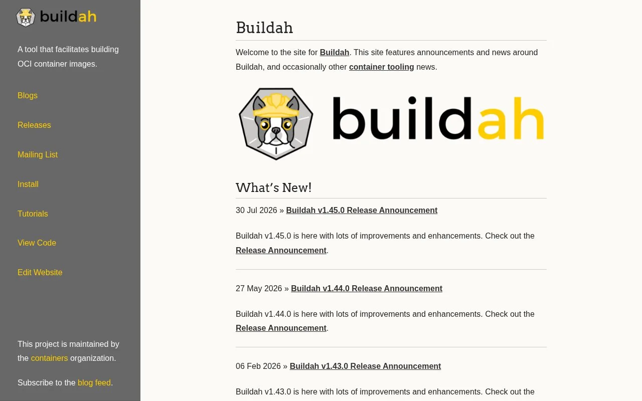 Screenshot of the Buildah homepage