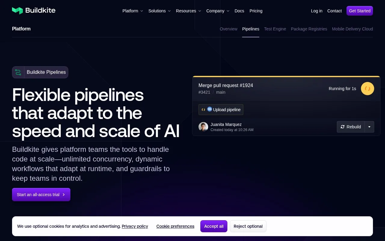 Screenshot of the Buildkite Pipelines homepage