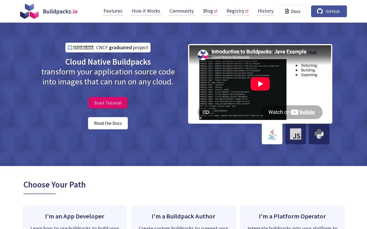 Screenshot of the Cloud Native Buildpacks homepage