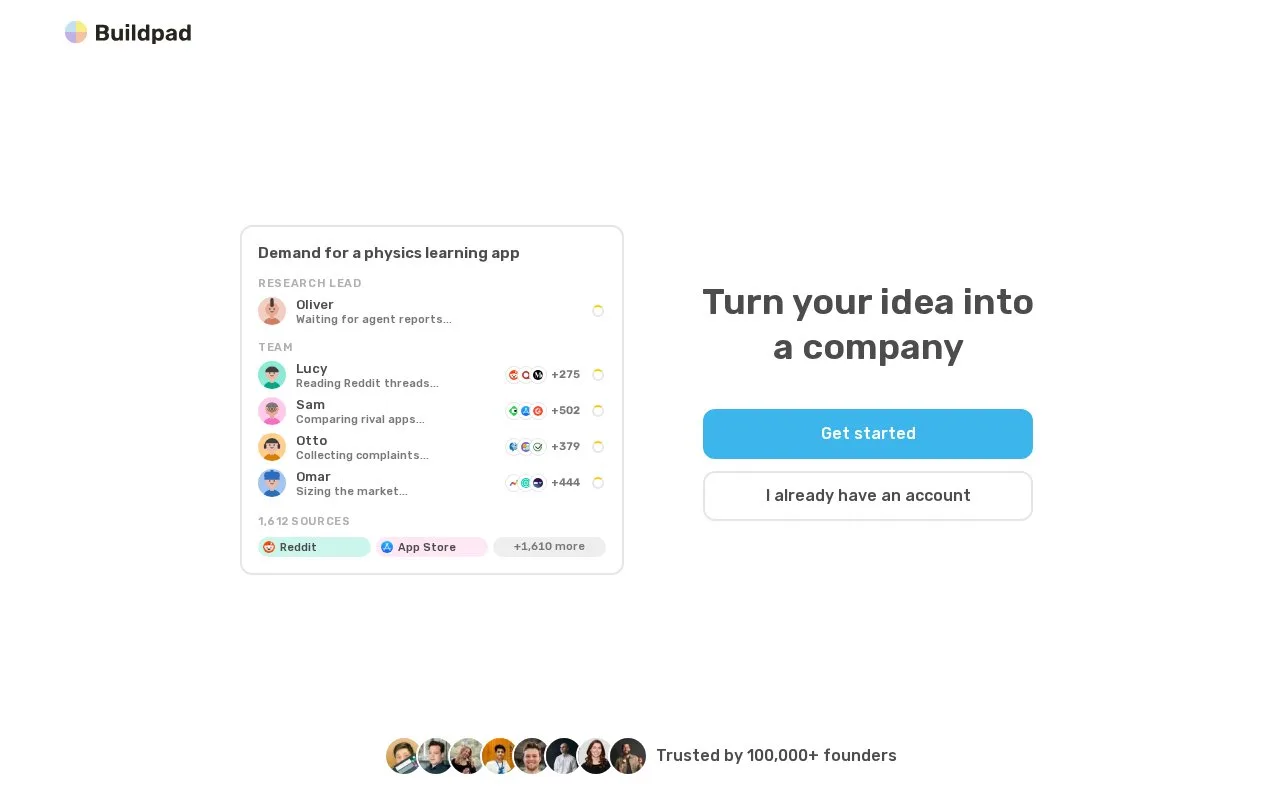 Screenshot of the Buildpad homepage