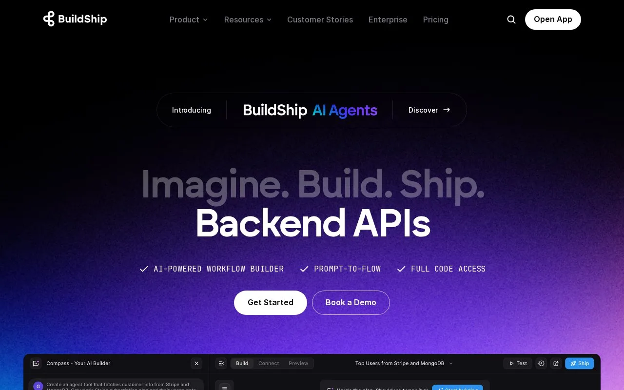 Screenshot of the BuildShip homepage