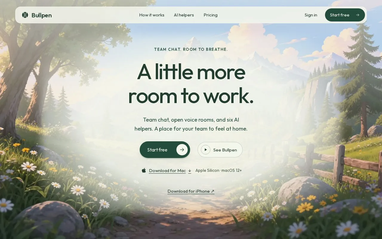 Screenshot of the Bullpen homepage