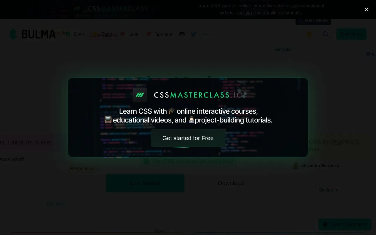 Screenshot of the Bulma homepage