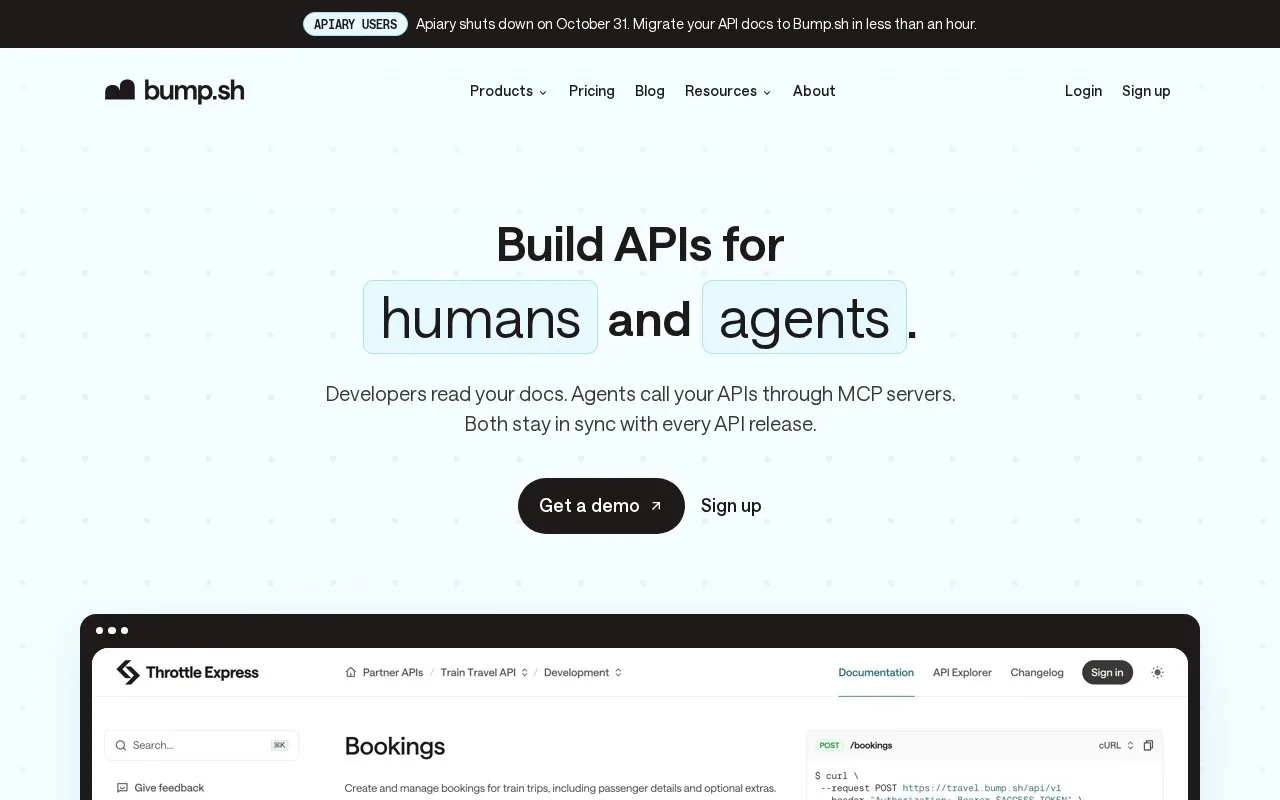 Screenshot of the Bump.sh homepage