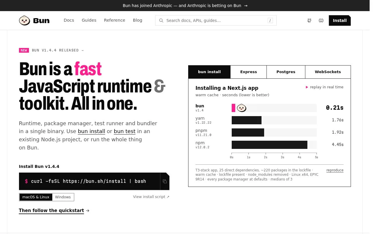 Screenshot of the Bun homepage