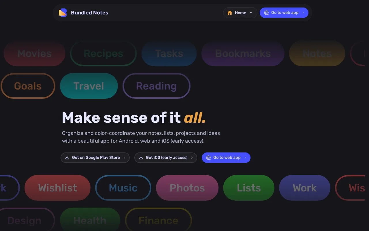 Screenshot of the Bundled Notes homepage