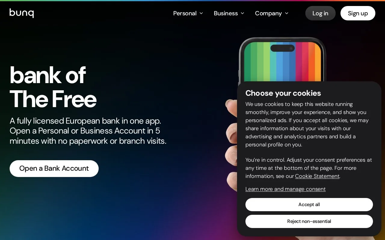 Screenshot of the bunq homepage