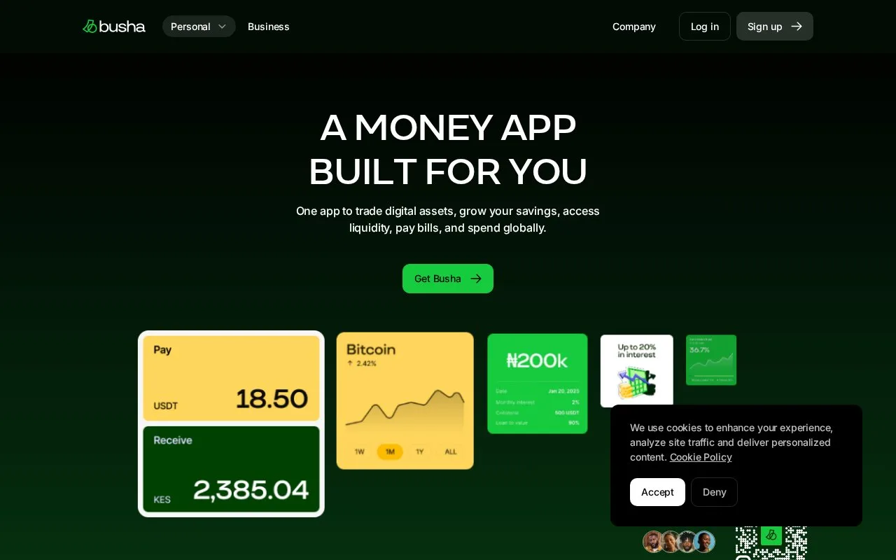 Screenshot of the Busha homepage