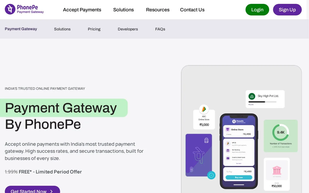 Screenshot of the PhonePe Payment Gateway homepage