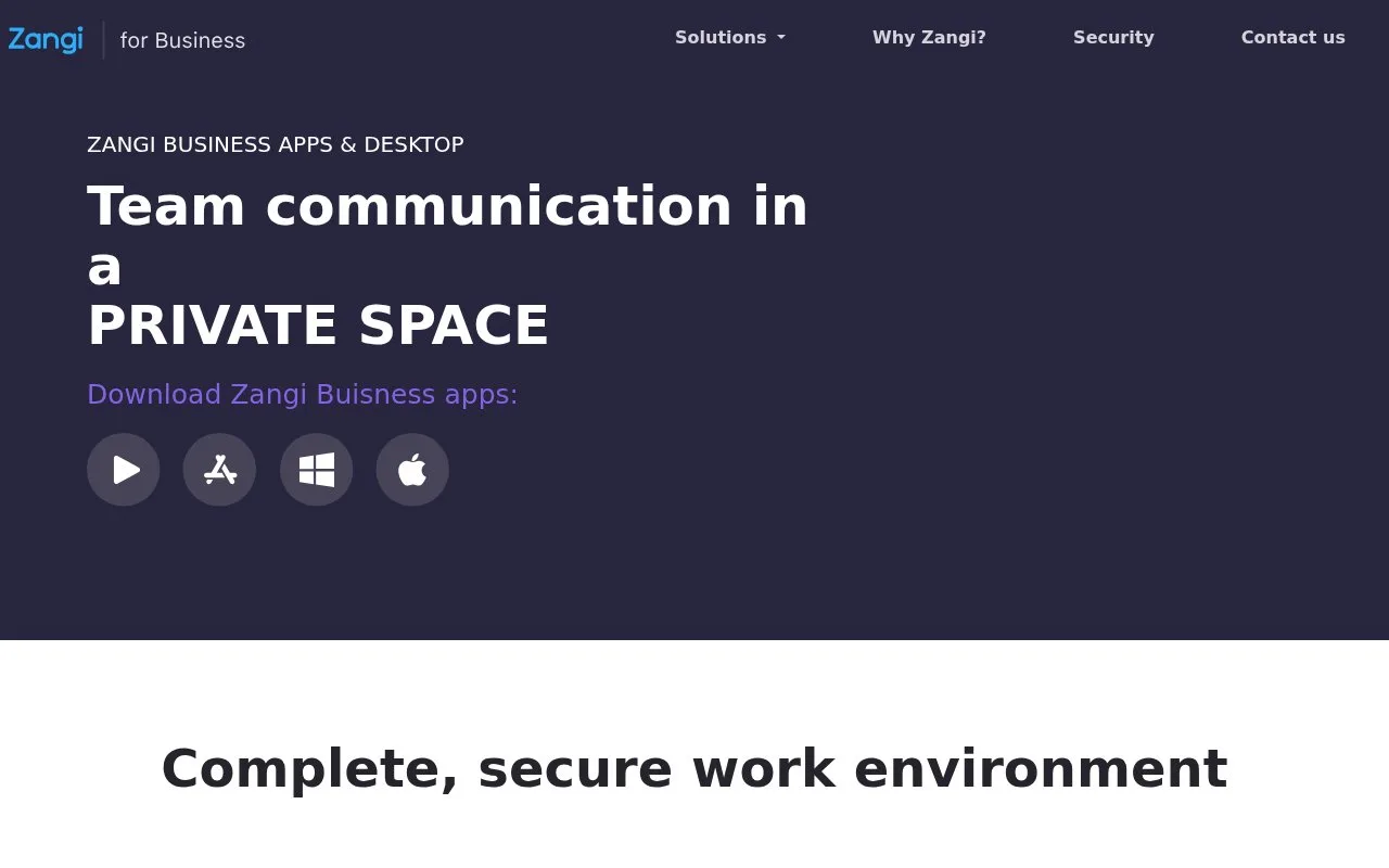 Screenshot of the Zangi for Business homepage