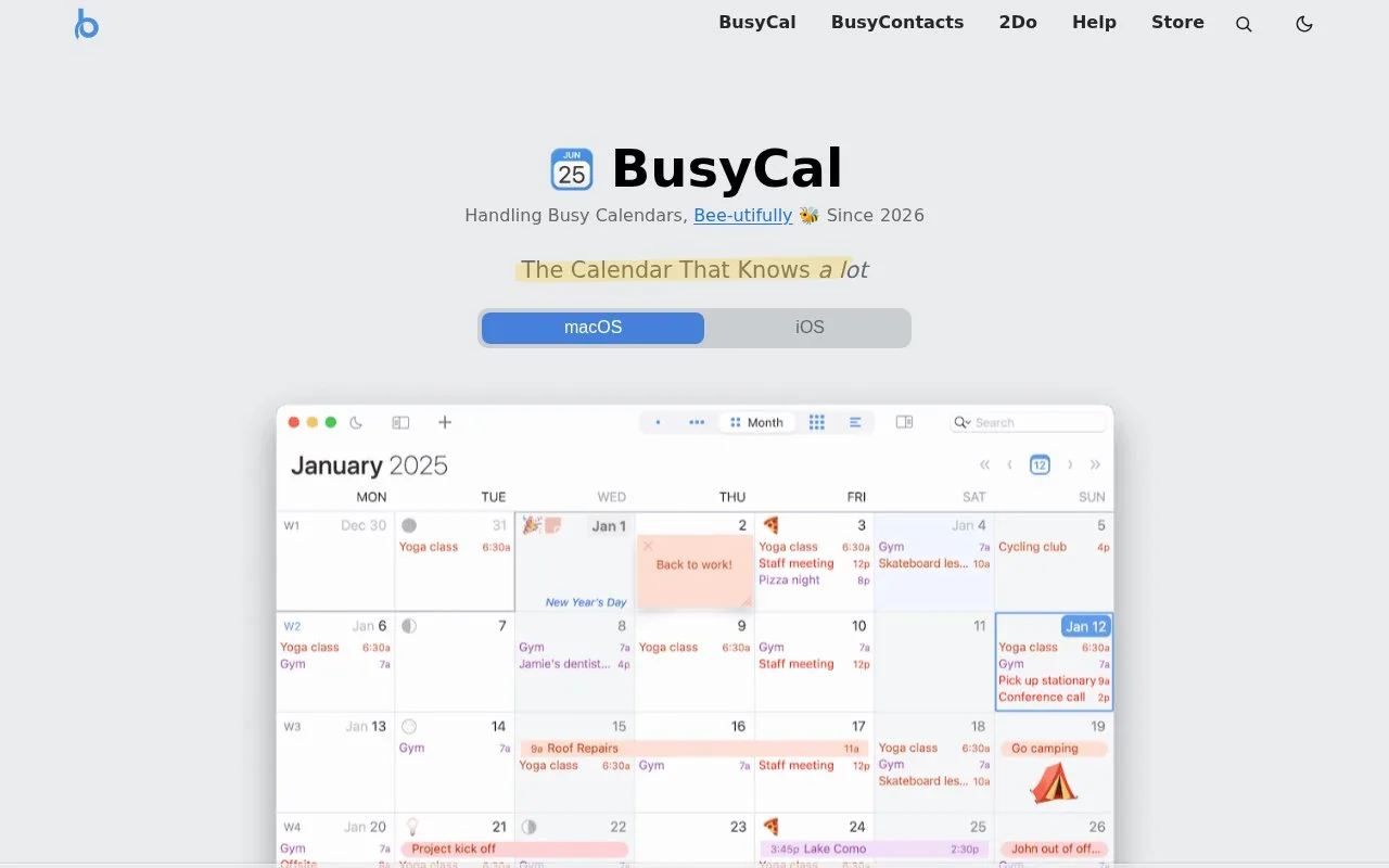 Screenshot of the BusyCal homepage
