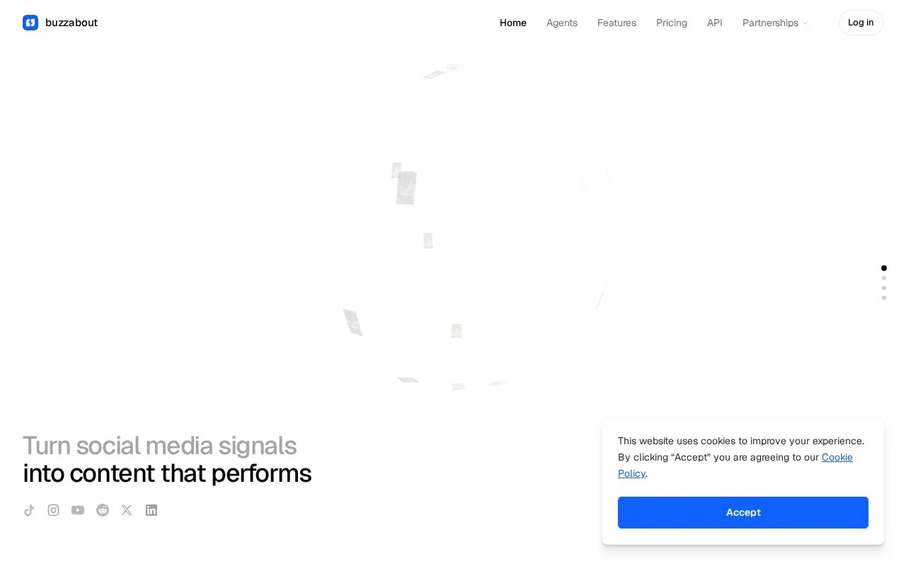 Screenshot of the buzzabout homepage