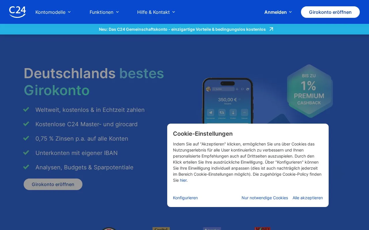 Screenshot of the C24 Bank homepage