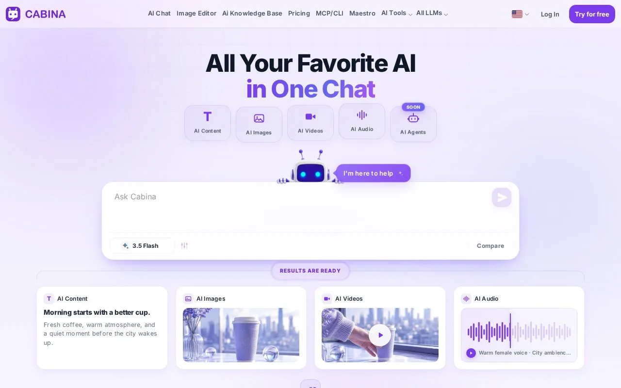 Screenshot of the Cabina.AI homepage