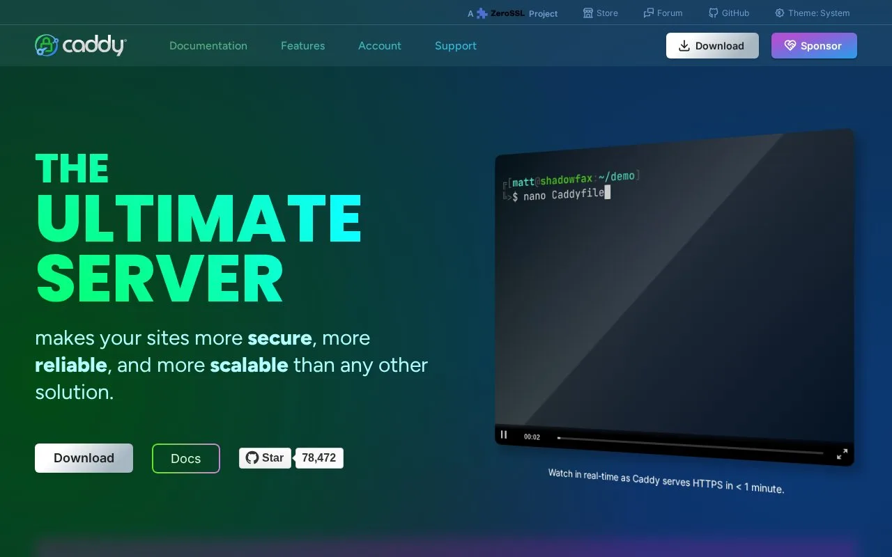 Screenshot of the Caddy homepage