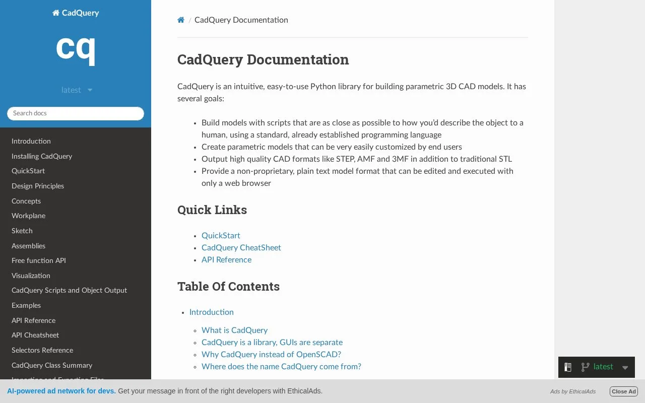 Screenshot of the CadQuery homepage