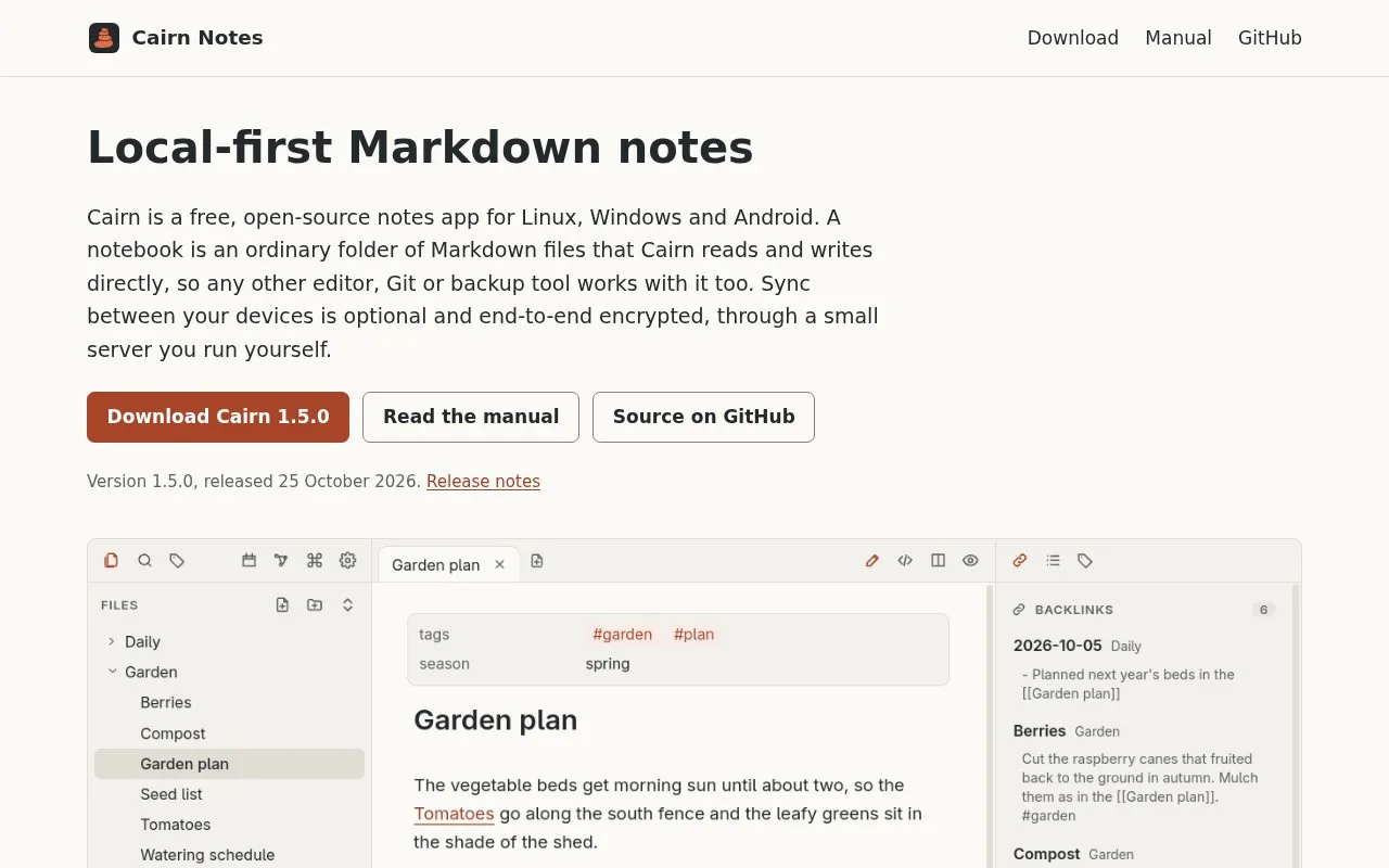 Screenshot of the Cairn Notes homepage