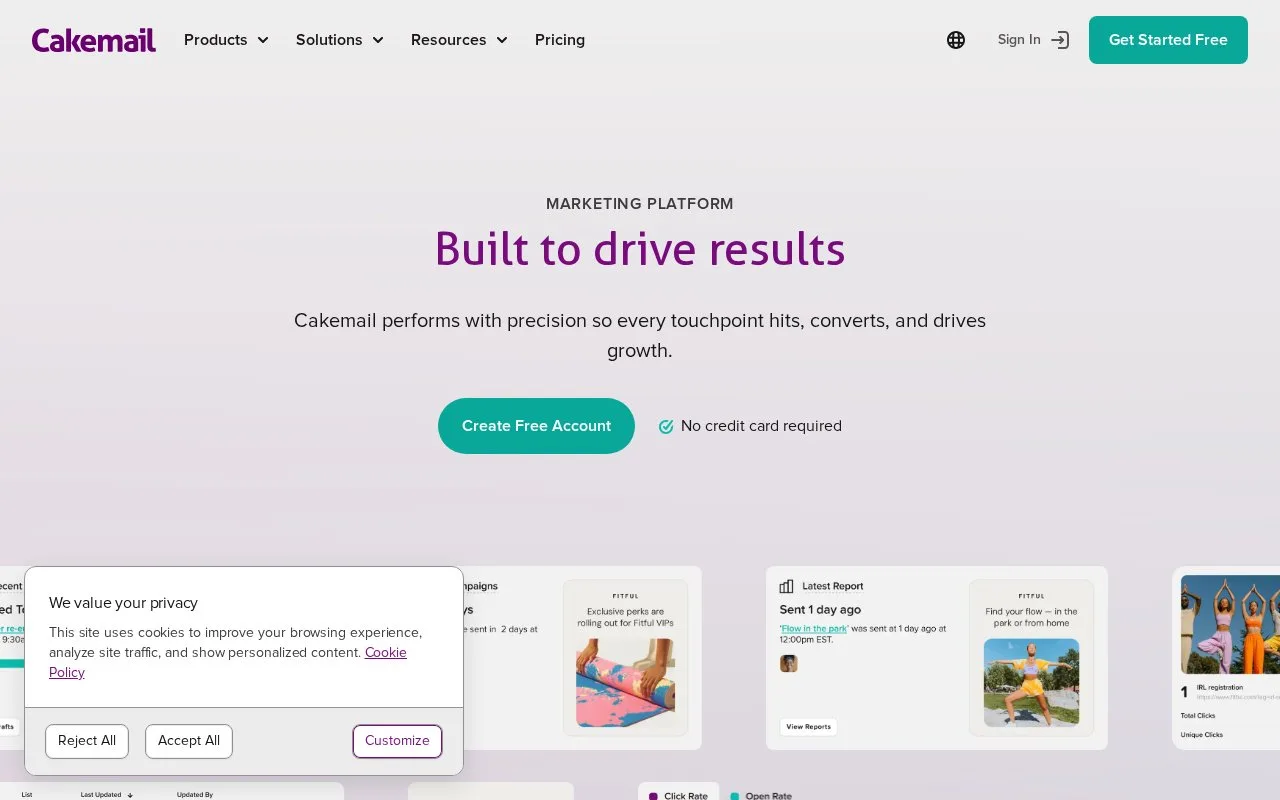 Screenshot of the Cakemail homepage
