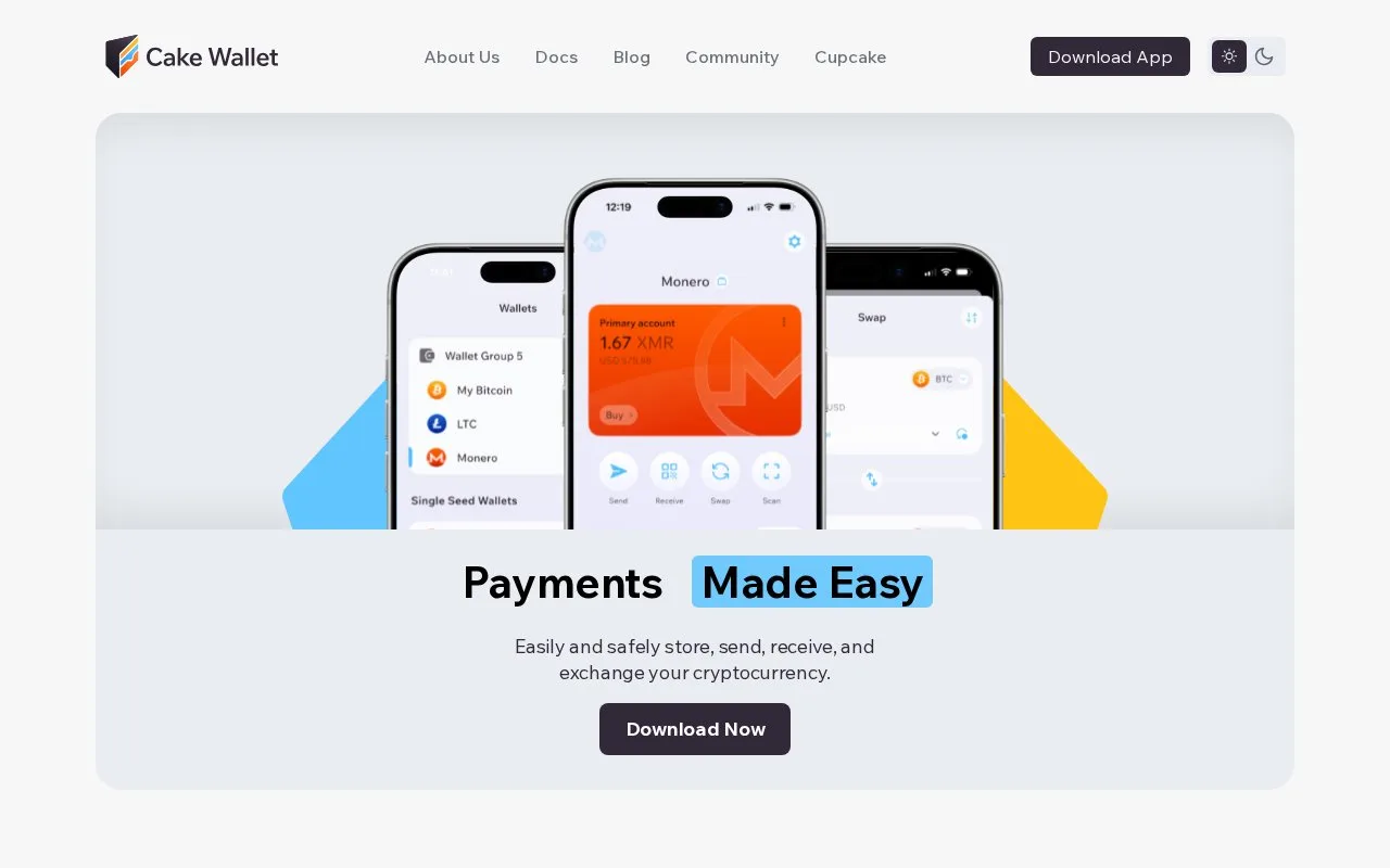 Screenshot of the Cake Wallet homepage