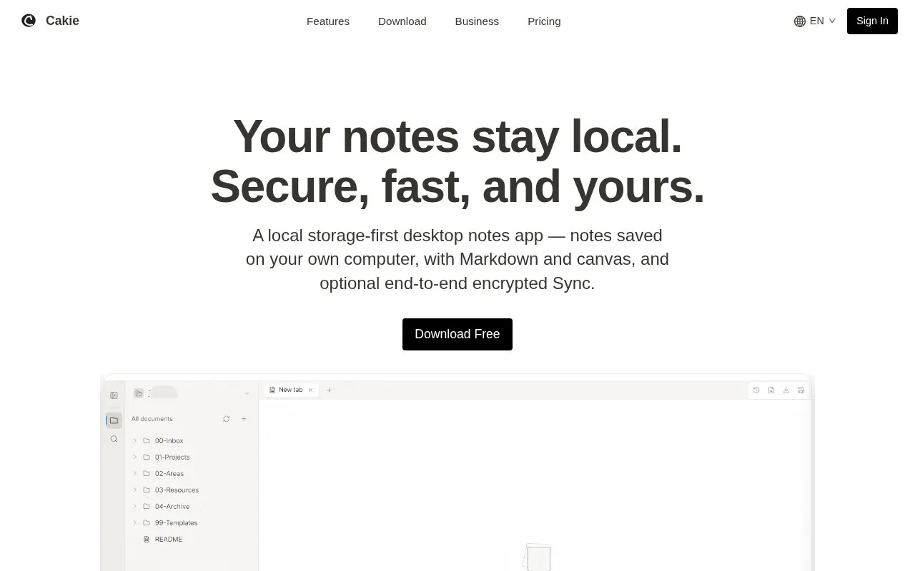 Screenshot of the Cakie homepage