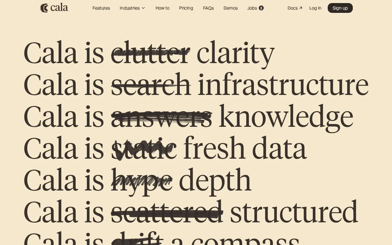 Screenshot of the Cala homepage