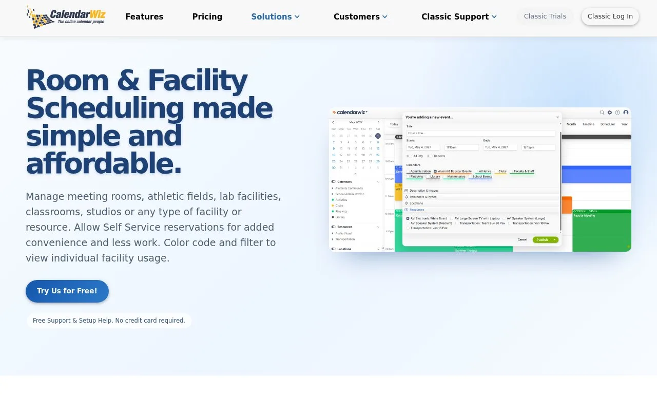 Screenshot of the CalendarWiz homepage