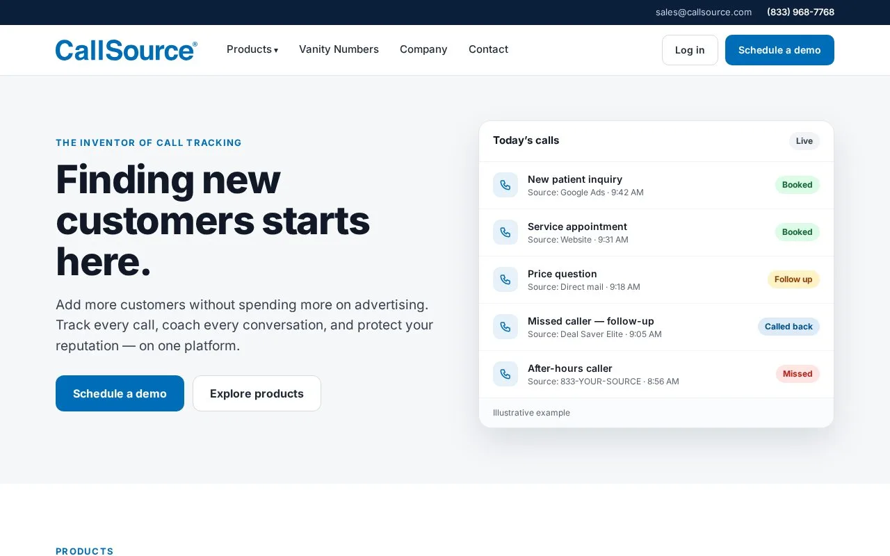 Screenshot of the CallSource homepage