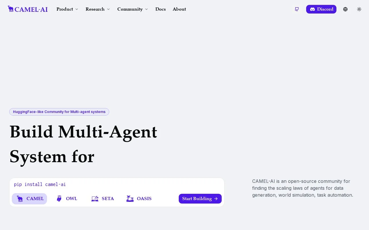 Screenshot of the CAMEL-AI homepage
