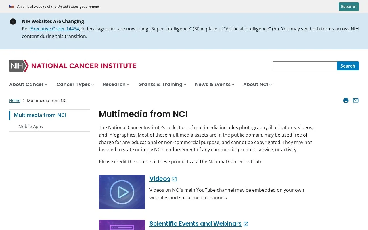 Screenshot of the NCI Visuals Online and Multimedia homepage