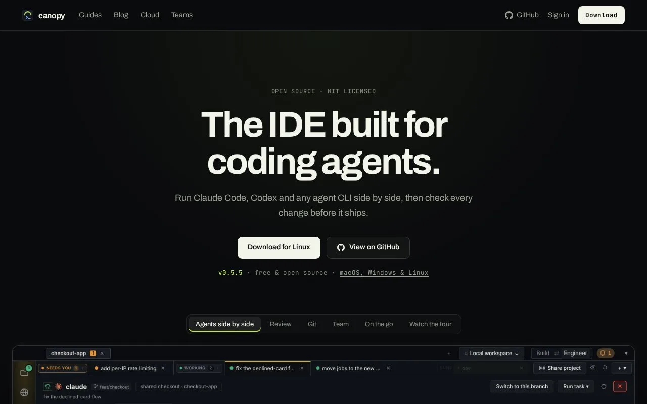 Screenshot of the Canopy homepage