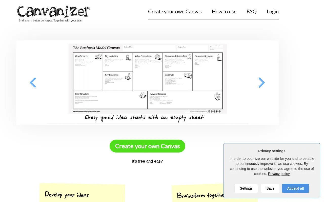 Screenshot of the Canvanizer homepage