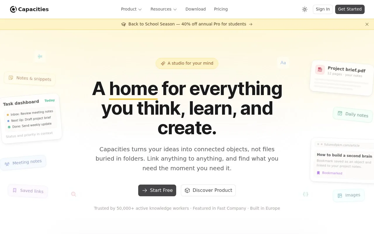 Screenshot of the Capacities homepage