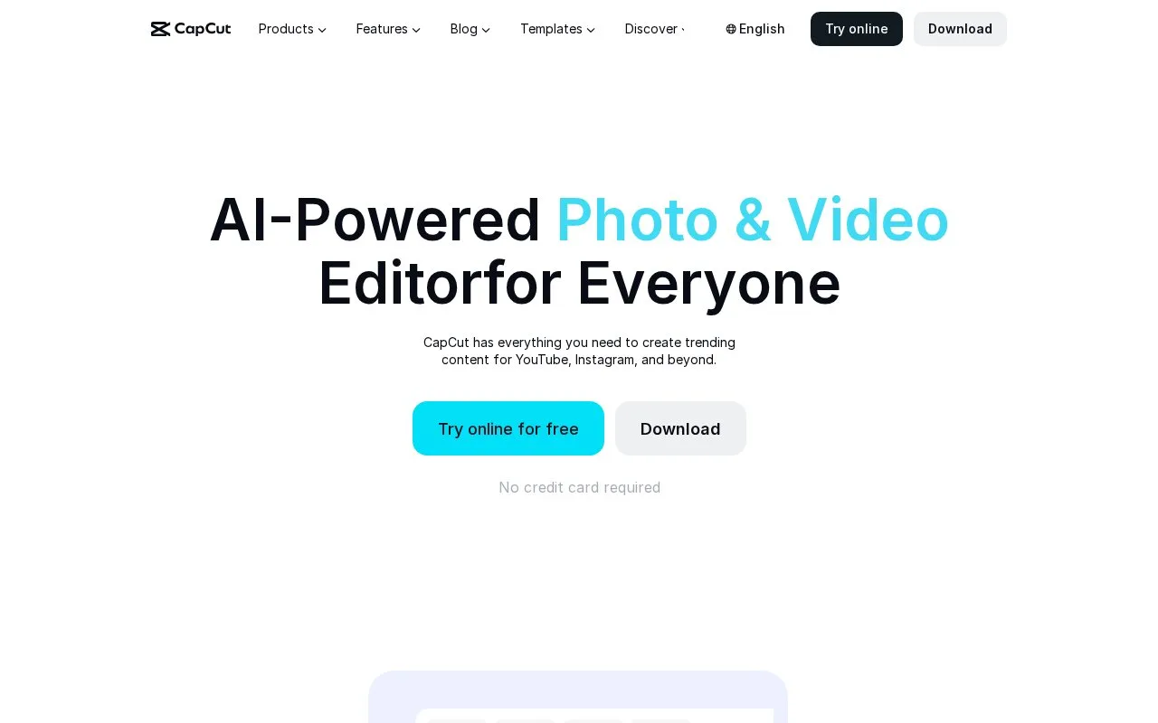 Screenshot of the CapCut homepage