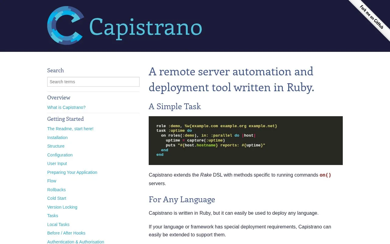 Screenshot of the Capistrano homepage