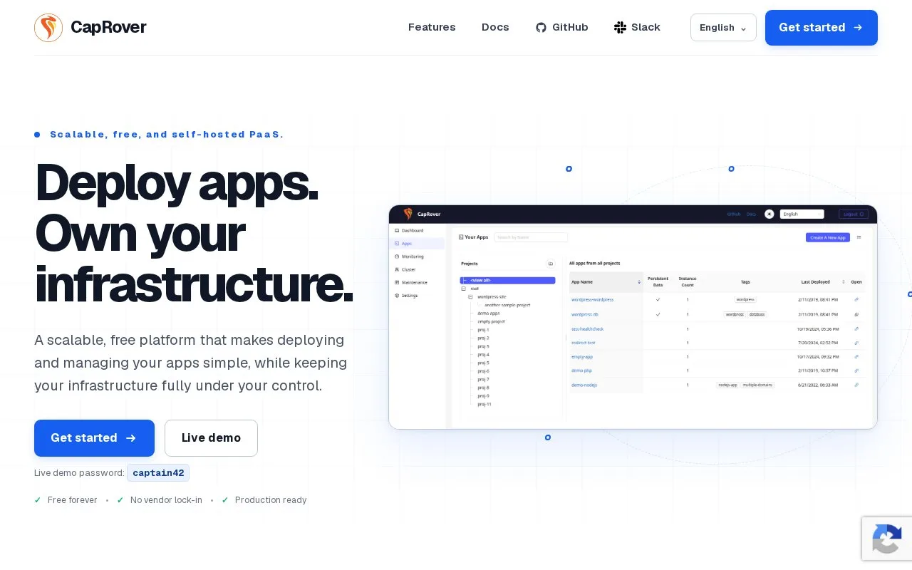 Screenshot of the CapRover homepage