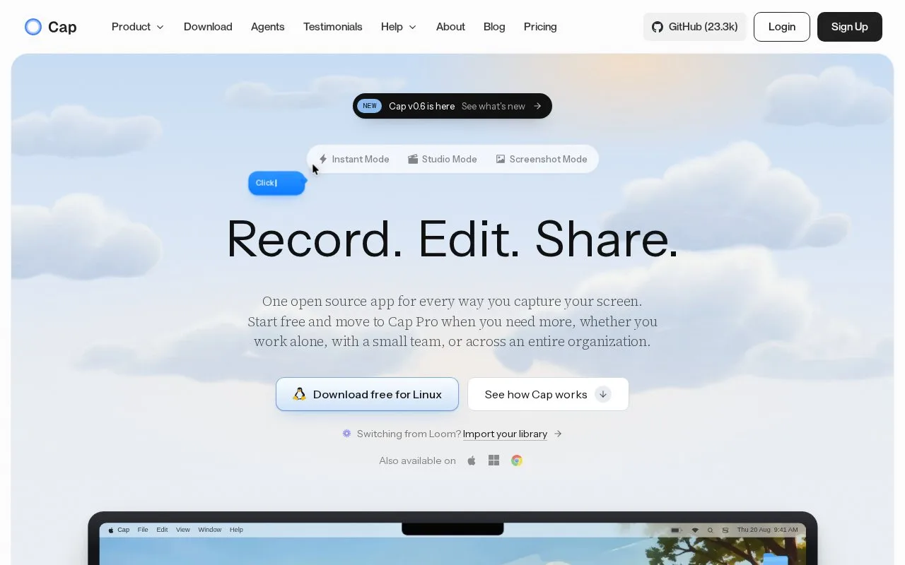 Screenshot of the Cap homepage