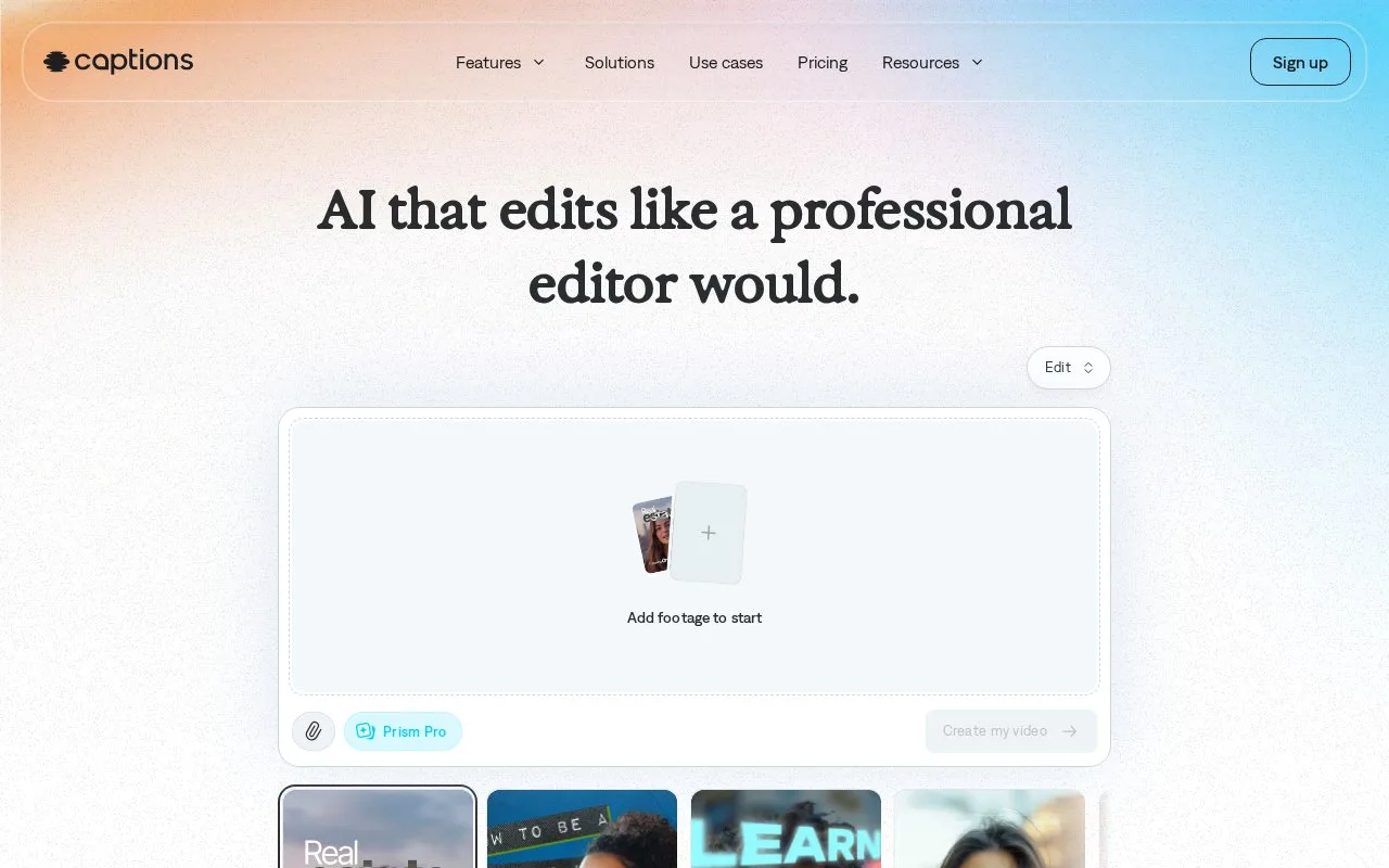 Screenshot of the Captions homepage