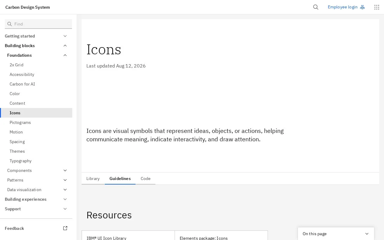 Screenshot of the Carbon Icons homepage