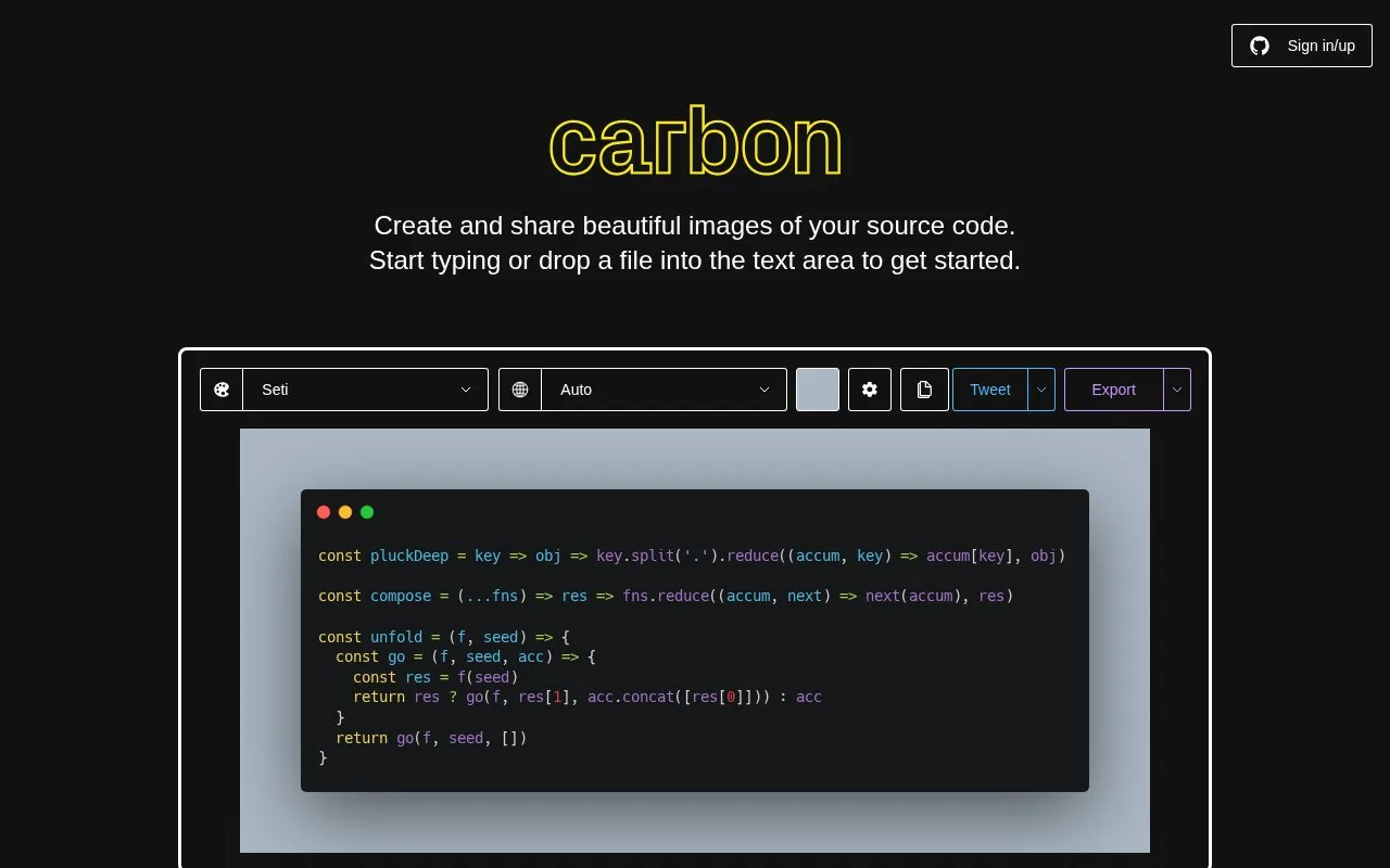 Screenshot of the Carbon homepage