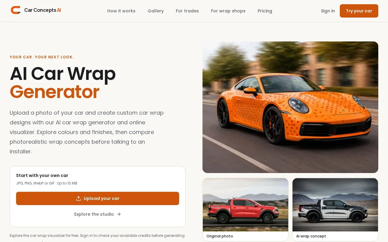 Screenshot of the Car Concepts AI homepage