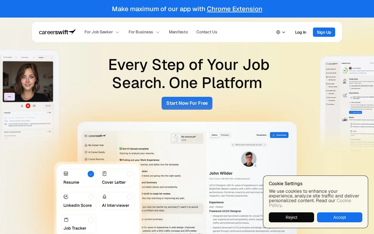 Screenshot of the CareerSwift homepage