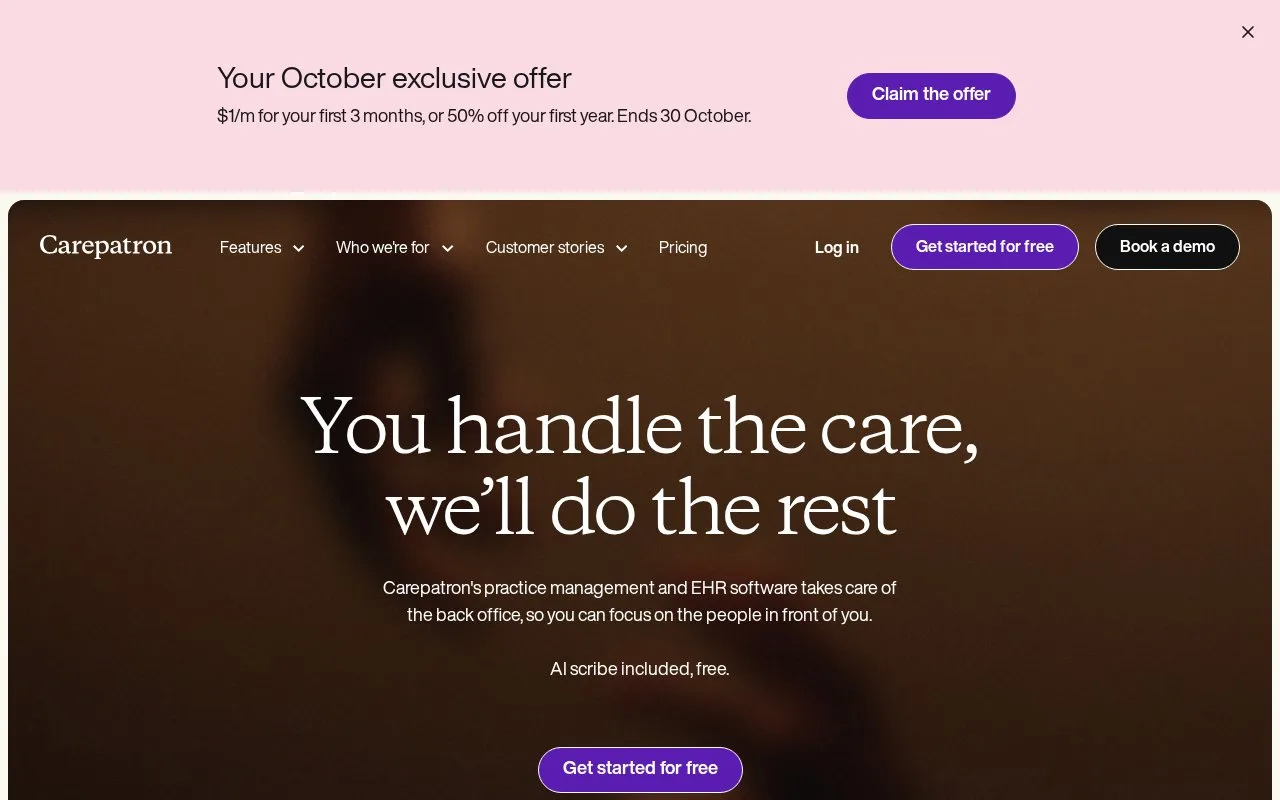 Screenshot of the Carepatron homepage